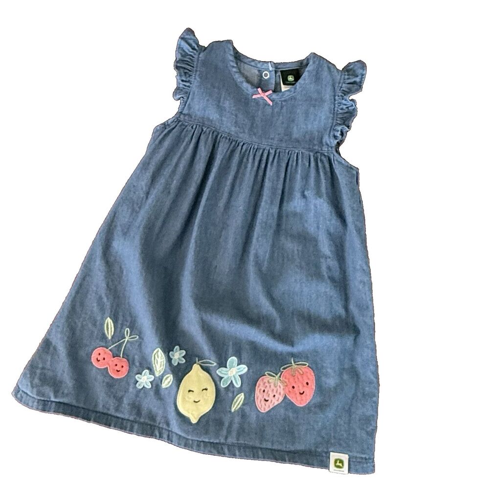 John Deere Toddler Blue Denim Chambray Dress Ruffle Fruit Embroidered Size 4T